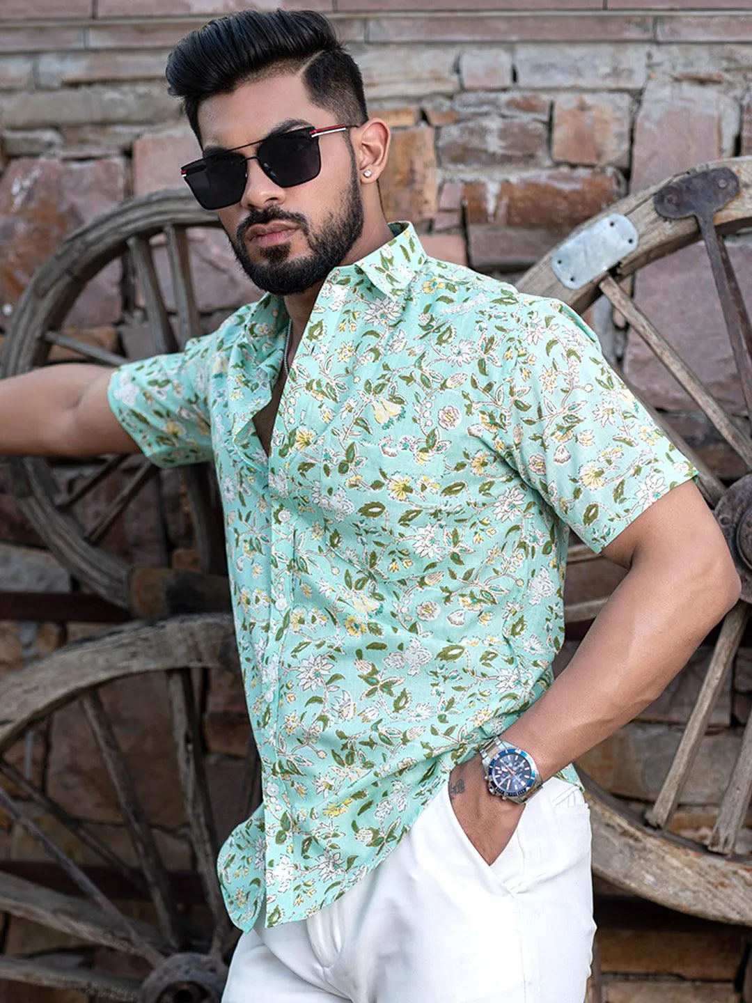 Light Green Chintz Printed Half Sleeves Cotton Shirt
