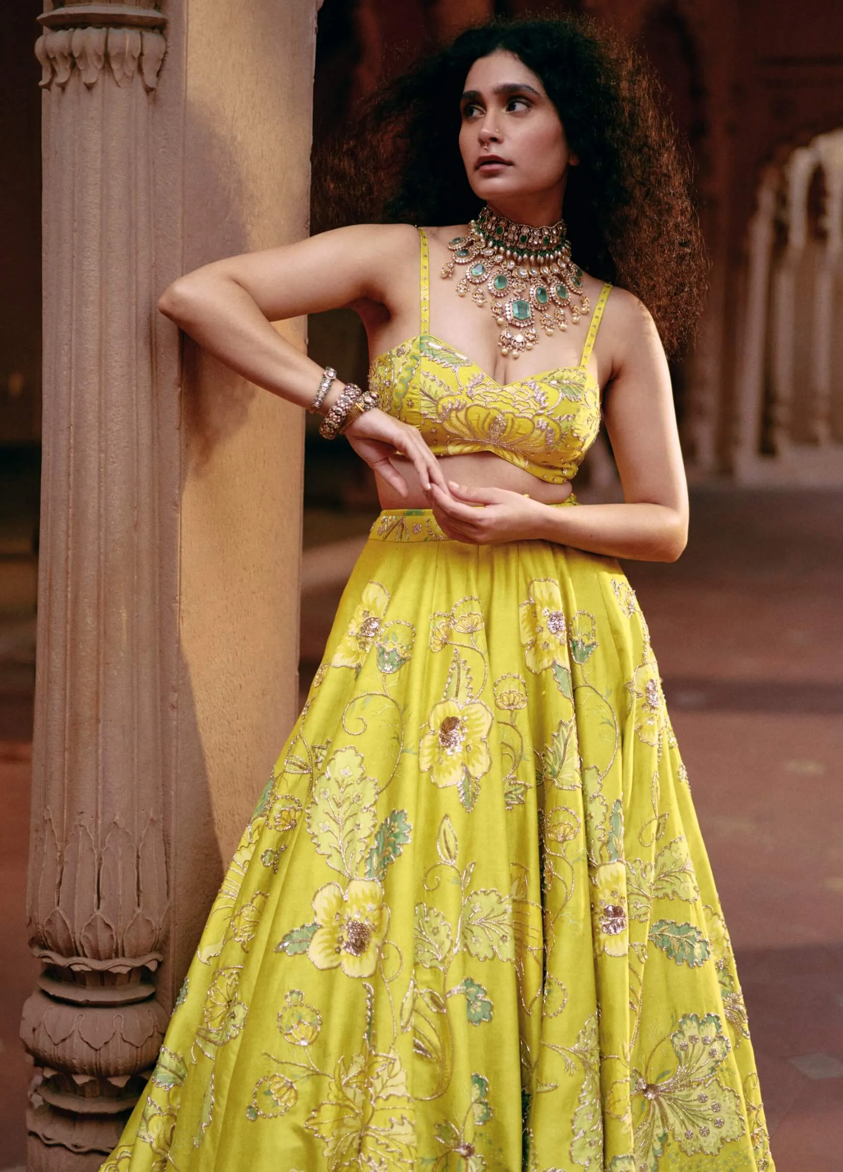 Lime yellow chintz printed lehenga set