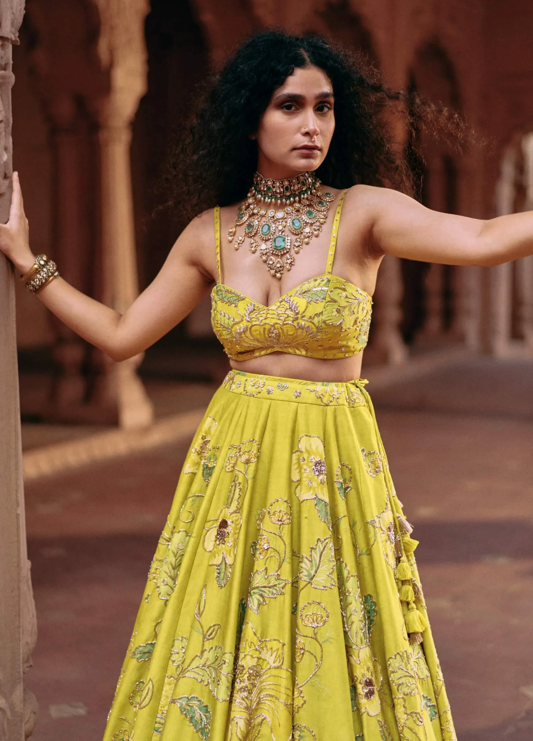 Lime yellow chintz printed lehenga set