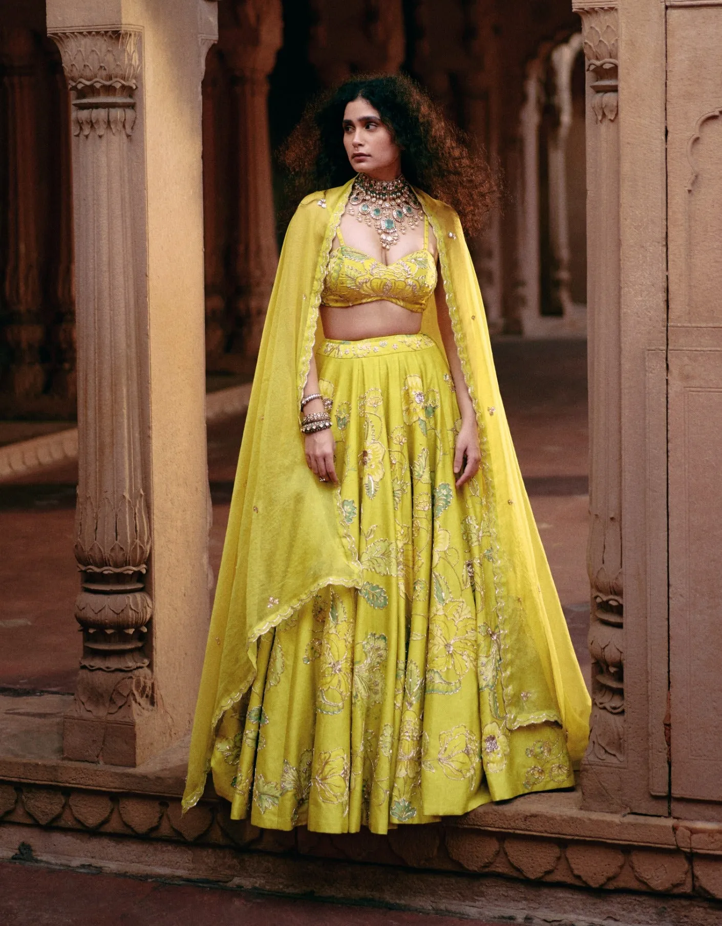 Lime yellow chintz printed lehenga set
