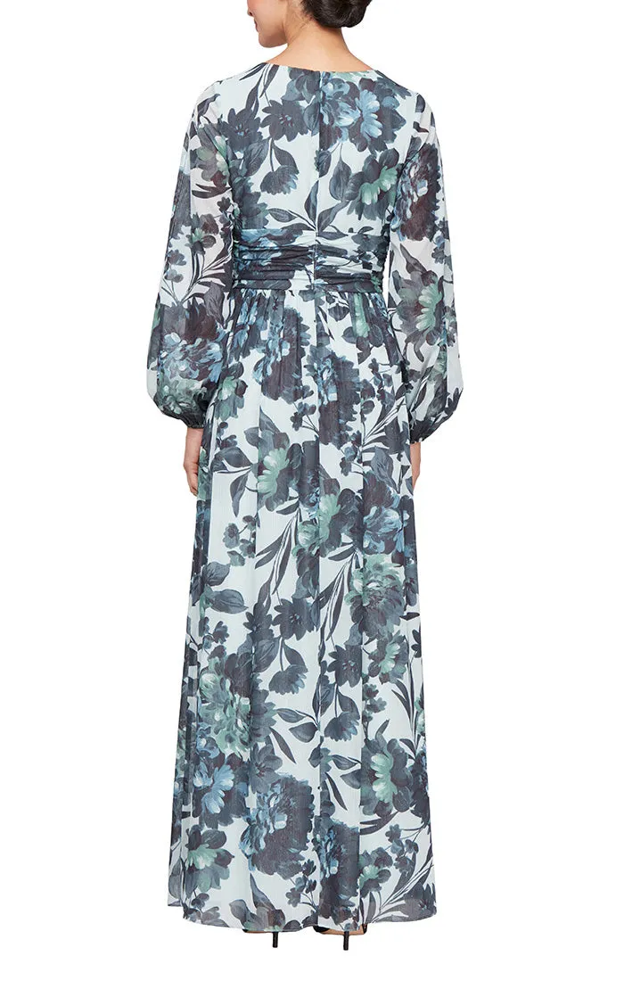 Long Printed Chiffon Maxi with V-Neckline, Ruched Waist and Illusion Sleeves