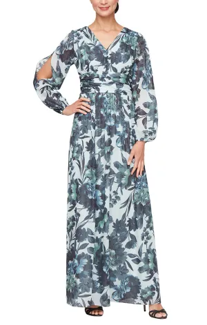 Long Printed Chiffon Maxi with V-Neckline, Ruched Waist and Illusion Sleeves