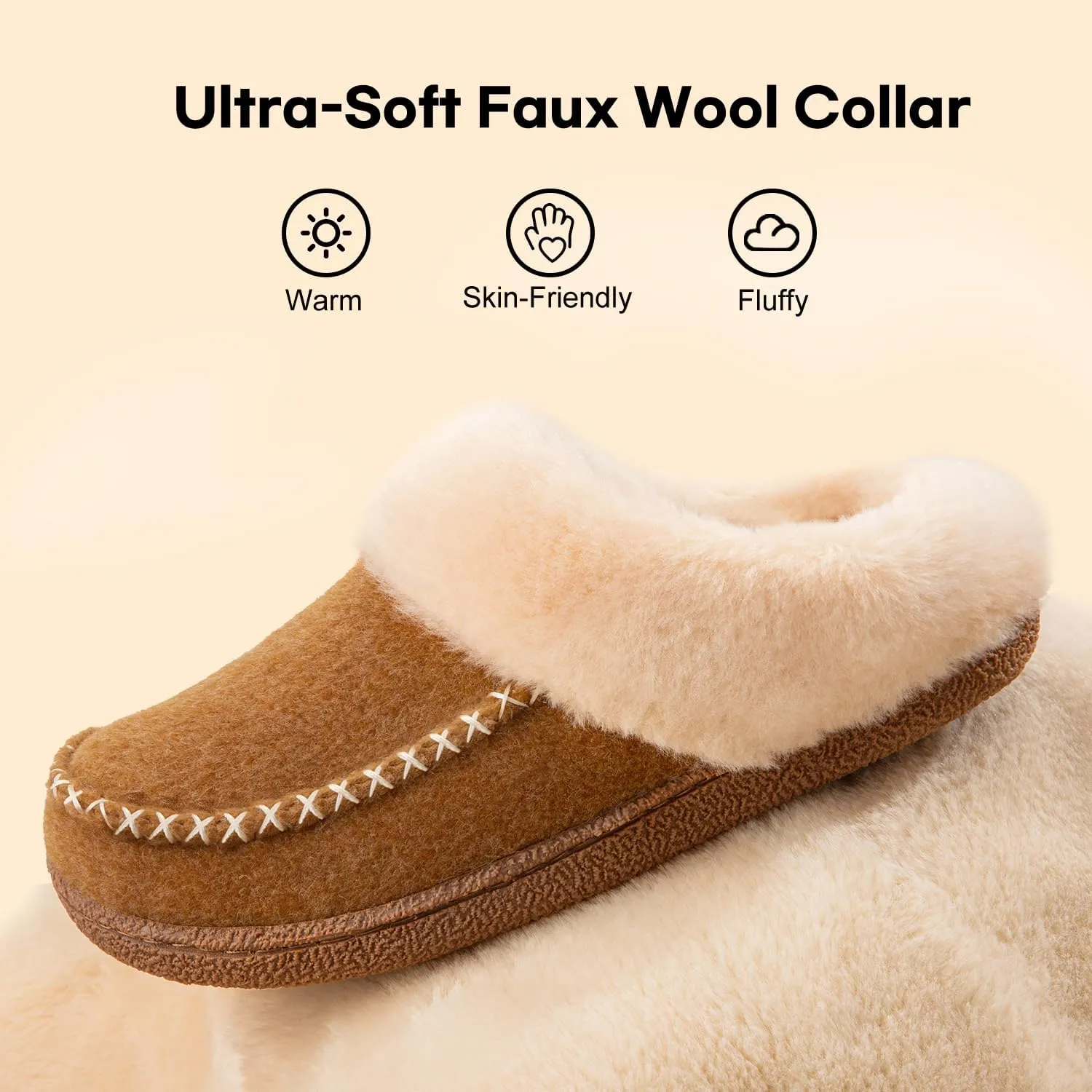 LongBay Womens Felt Sherpa Bedroom Slippers Warm Cozy Wool-Like Moccasin Slippers for Indoor Outdoor Winter Memory Foam House Shoes Slip-On with Fuzzy Plush Lining