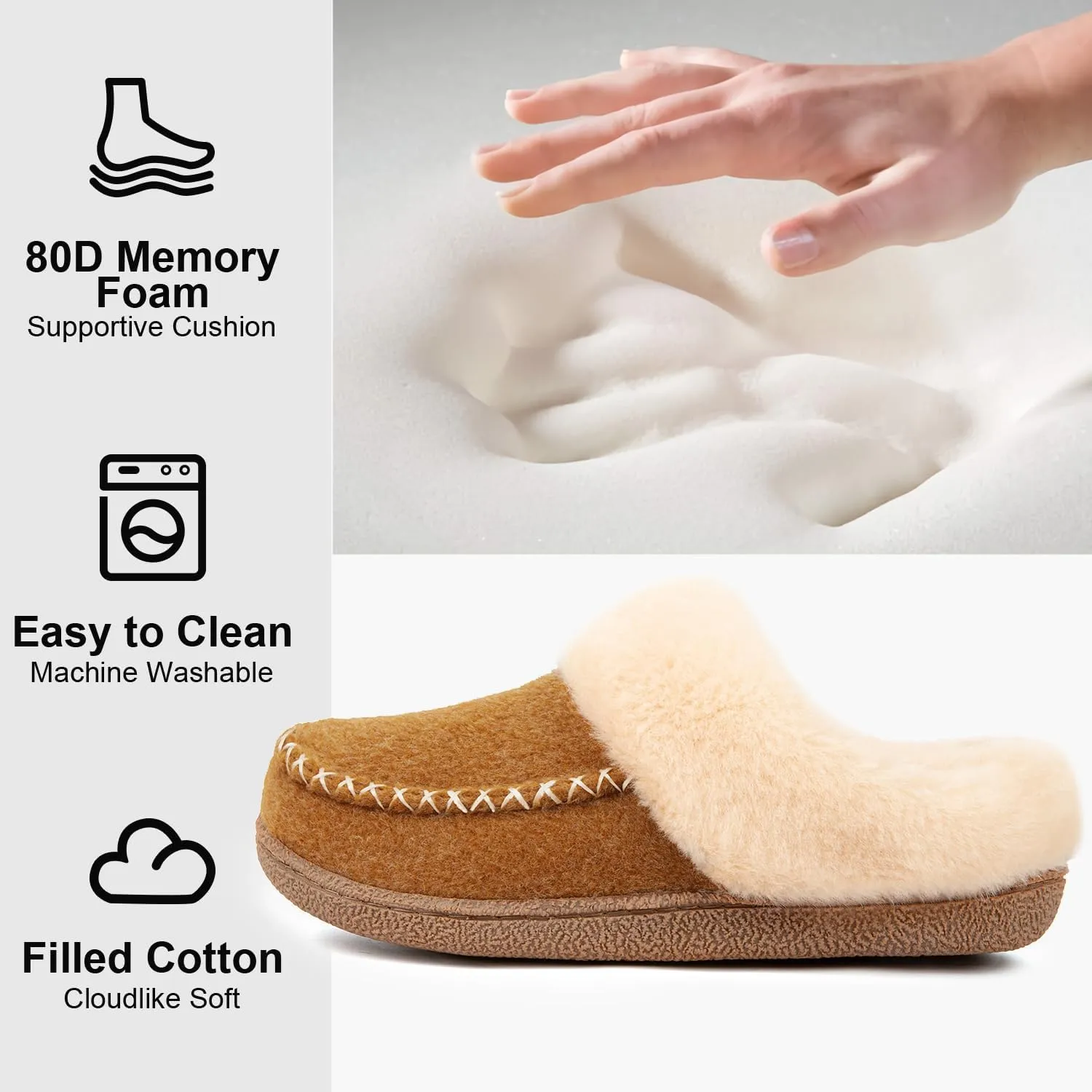 LongBay Womens Felt Sherpa Bedroom Slippers Warm Cozy Wool-Like Moccasin Slippers for Indoor Outdoor Winter Memory Foam House Shoes Slip-On with Fuzzy Plush Lining