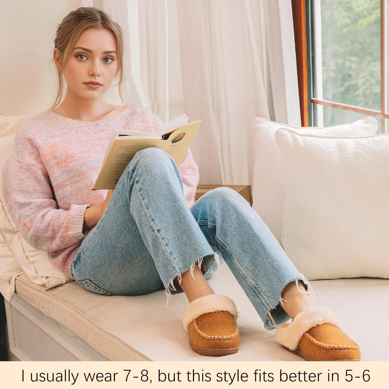 LongBay Womens Felt Sherpa Bedroom Slippers Warm Cozy Wool-Like Moccasin Slippers for Indoor Outdoor Winter Memory Foam House Shoes Slip-On with Fuzzy Plush Lining