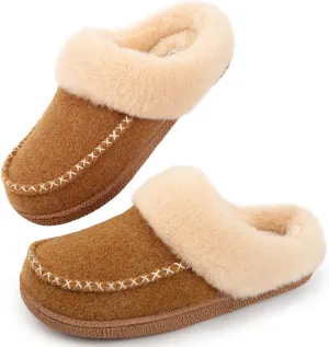 LongBay Womens Felt Sherpa Bedroom Slippers Warm Cozy Wool-Like Moccasin Slippers for Indoor Outdoor Winter Memory Foam House Shoes Slip-On with Fuzzy Plush Lining