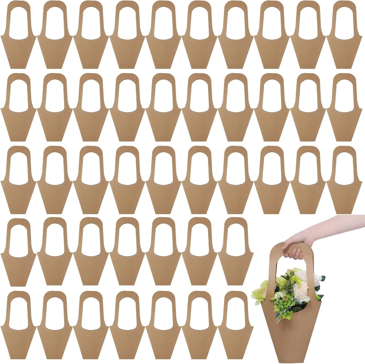LOPYXBR 50 PCS Kraft Paper Flower Gift Bags with Handle Kraft Paper Flower Wrapping Bag for Bouquets Kraft Paper Flower Bags for Bouquets Bags Flower Bouquet Holder for Home Decoration