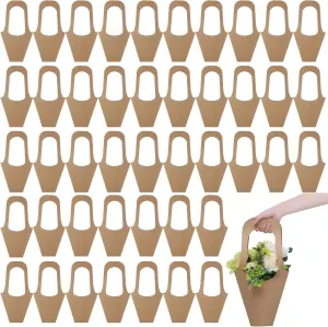 LOPYXBR 50 PCS Kraft Paper Flower Gift Bags with Handle Kraft Paper Flower Wrapping Bag for Bouquets Kraft Paper Flower Bags for Bouquets Bags Flower Bouquet Holder for Home Decoration