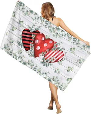 Love Hearts Sand Free Beach Towel 35x71 Inch Quick Dry Water Absorbent Beach Towel Perfect as Beach Blanket, Wrapping Blanket, Camping Blanket, Yoga Mat Watercolor Eucalyptus Leaves Wooden Grain