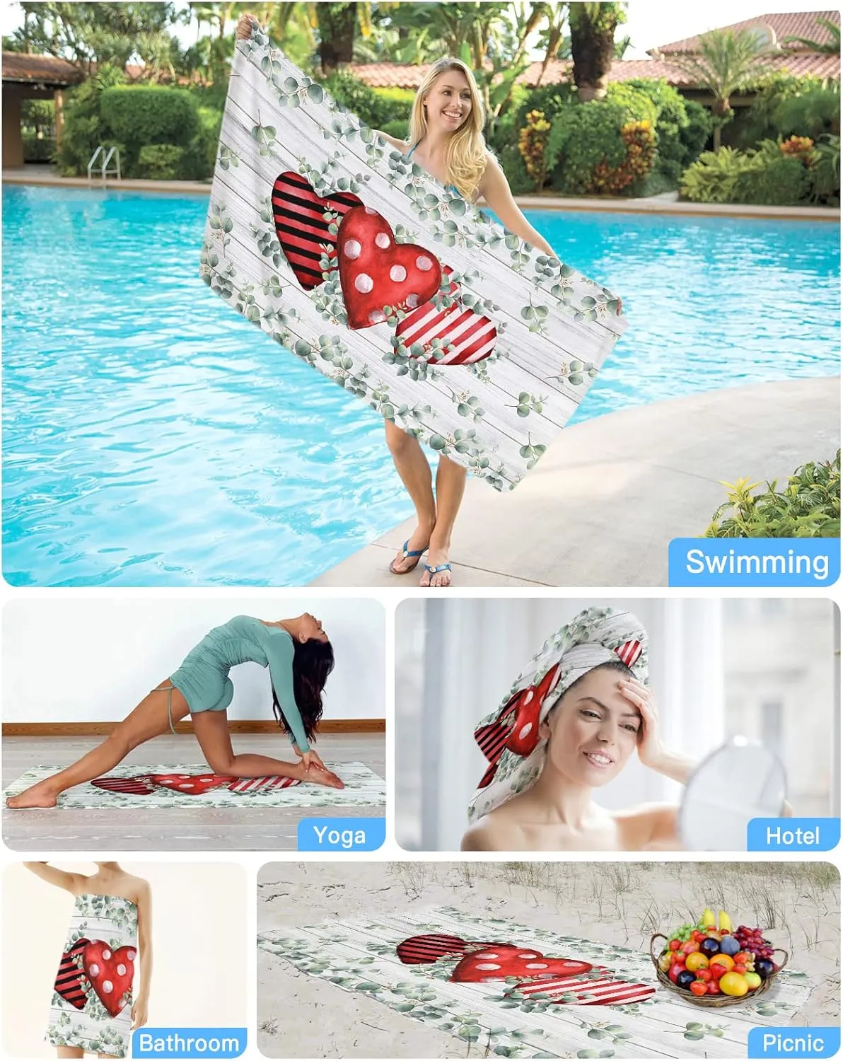 Love Hearts Sand Free Beach Towel 35x71 Inch Quick Dry Water Absorbent Beach Towel Perfect as Beach Blanket, Wrapping Blanket, Camping Blanket, Yoga Mat Watercolor Eucalyptus Leaves Wooden Grain