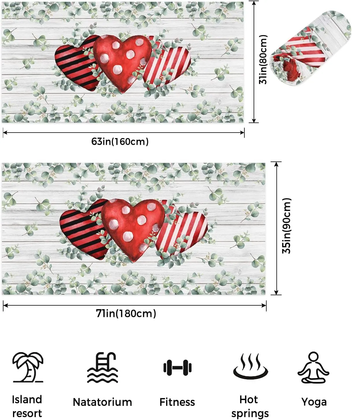 Love Hearts Sand Free Beach Towel 35x71 Inch Quick Dry Water Absorbent Beach Towel Perfect as Beach Blanket, Wrapping Blanket, Camping Blanket, Yoga Mat Watercolor Eucalyptus Leaves Wooden Grain