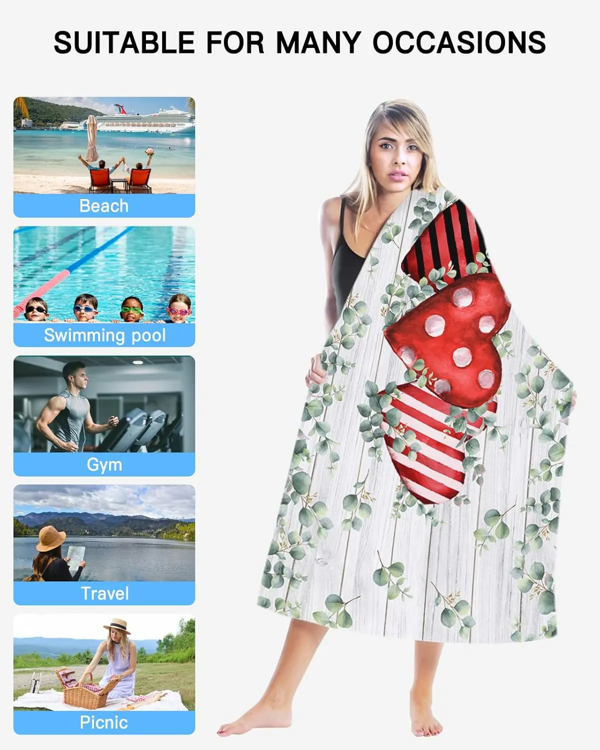 Love Hearts Sand Free Beach Towel 35x71 Inch Quick Dry Water Absorbent Beach Towel Perfect as Beach Blanket, Wrapping Blanket, Camping Blanket, Yoga Mat Watercolor Eucalyptus Leaves Wooden Grain