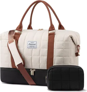 LOVEVOOK Large Duffle Bag for Travel, Puffer Weekend Bags for Women Travel Tote, Carry on Duffel Bag for Airplanes, 18 Inch Personal Item Bag Gym Bag Women, Black-White-Brown