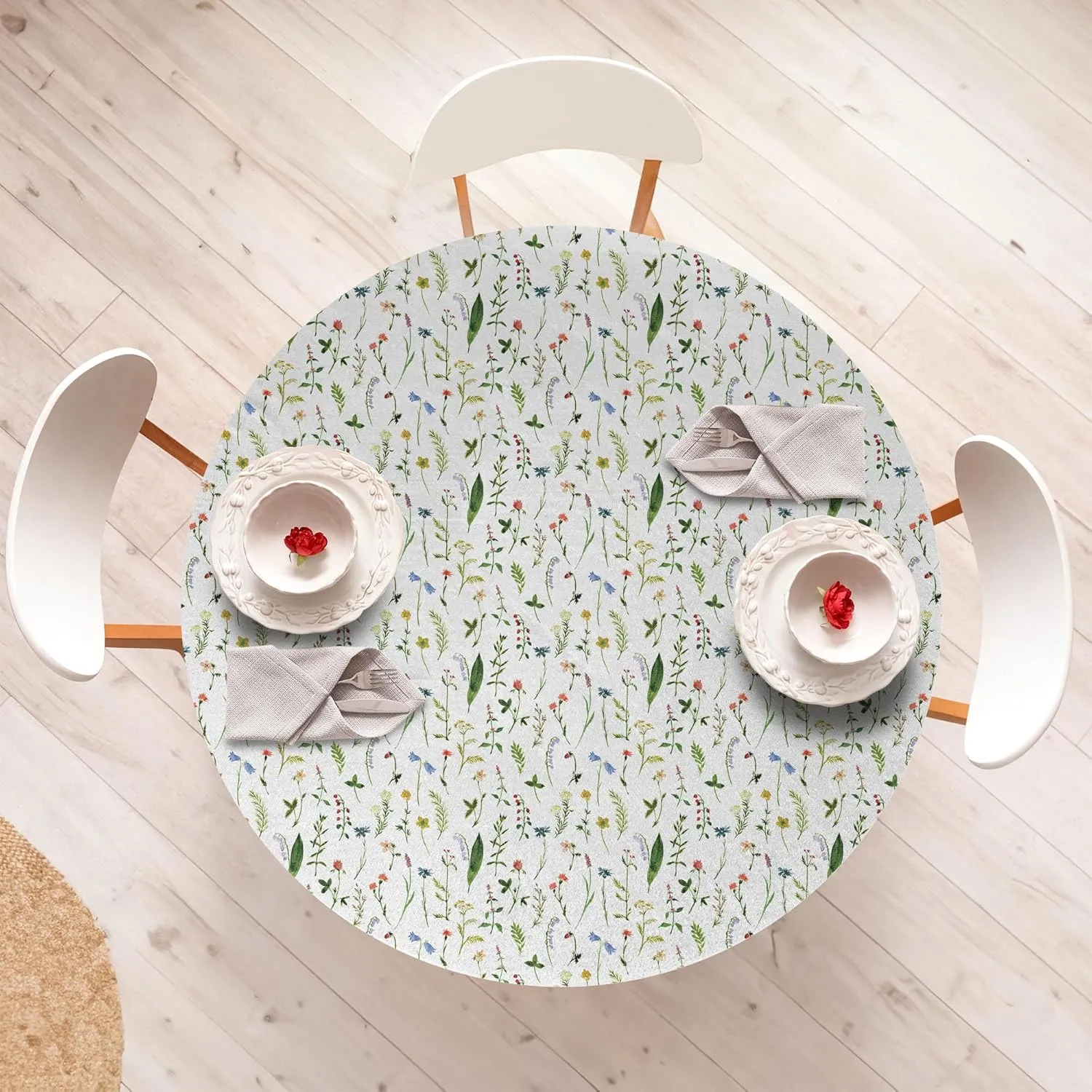 Lunarable Leaf Fitted Round Tablecloth, Flourishing Spring Meadow with Various Wildflowers Nature Themed Watercolor Art, All Around Elastic Fabric Table Cover, 36"- 40" Diameter, Blue Grey Multicolor