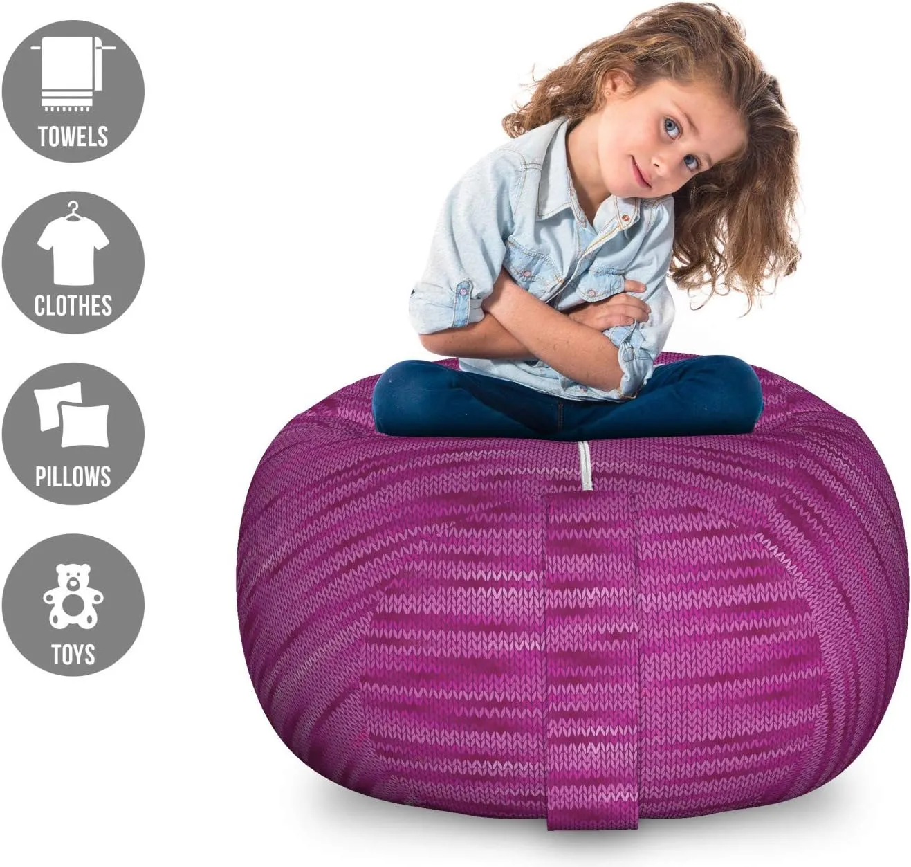 Lunarable Magenta Storage Toy Bag Chair, Gradient Old Aged Knit Pattern Creative Melange Wool Textured Nostalgic Art, Stuffed Animal Organizer Washable Bag, Large Size, Hot Pink Purple