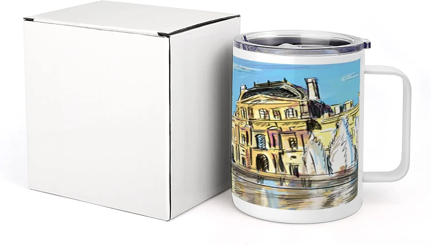 Lunarable Sketchy 10 Oz Steel Mug, Museum Themed Paris Watercolor Modern French Place Pop Art Style Day Time Image, Vacuum Insulated Leak-resistant Cup for Outdoor Hiking and Picnics, Cream and Blue