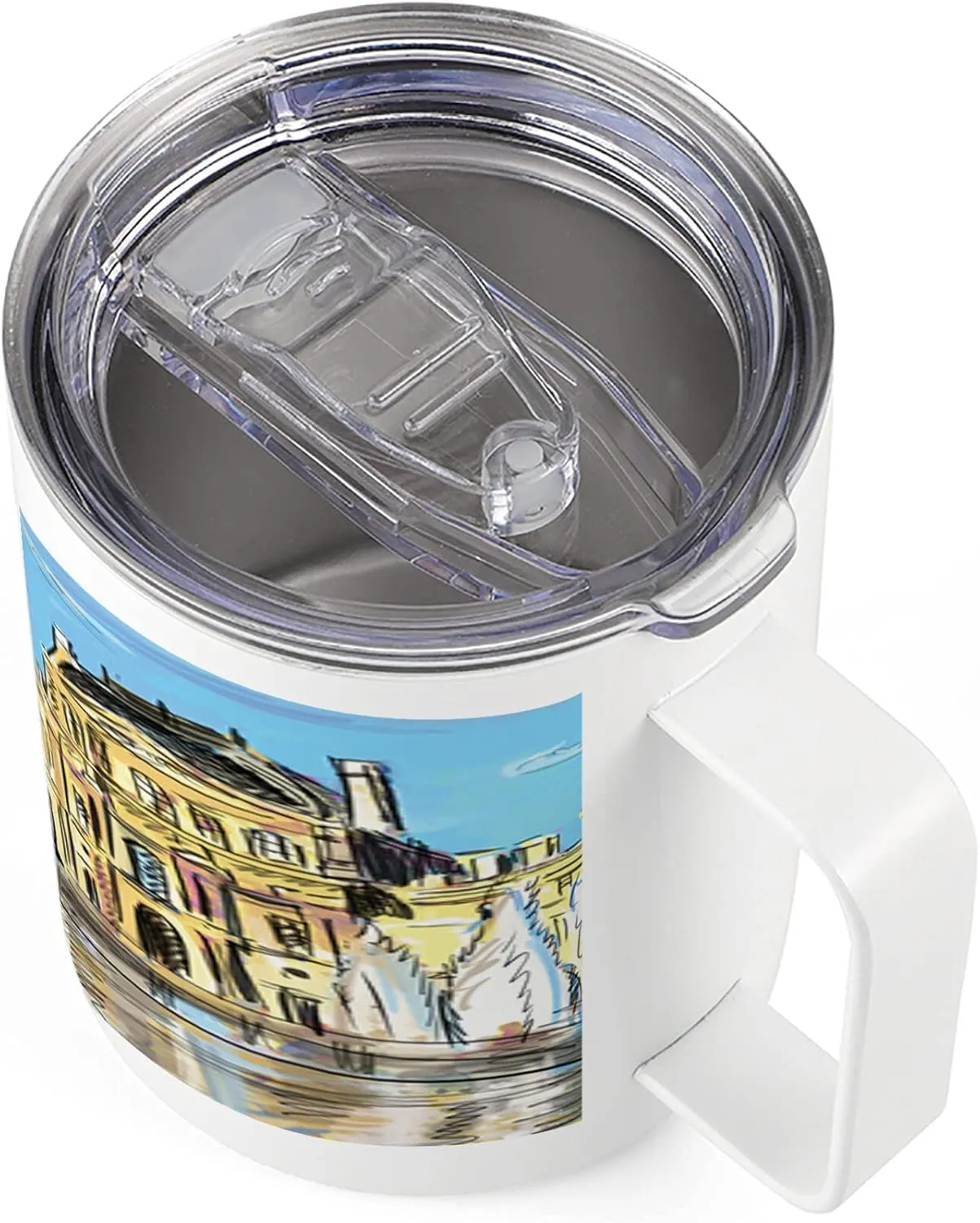 Lunarable Sketchy 10 Oz Steel Mug, Museum Themed Paris Watercolor Modern French Place Pop Art Style Day Time Image, Vacuum Insulated Leak-resistant Cup for Outdoor Hiking and Picnics, Cream and Blue