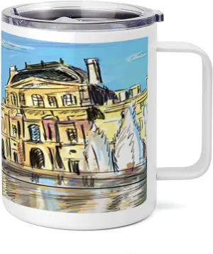 Lunarable Sketchy 10 Oz Steel Mug, Museum Themed Paris Watercolor Modern French Place Pop Art Style Day Time Image, Vacuum Insulated Leak-resistant Cup for Outdoor Hiking and Picnics, Cream and Blue