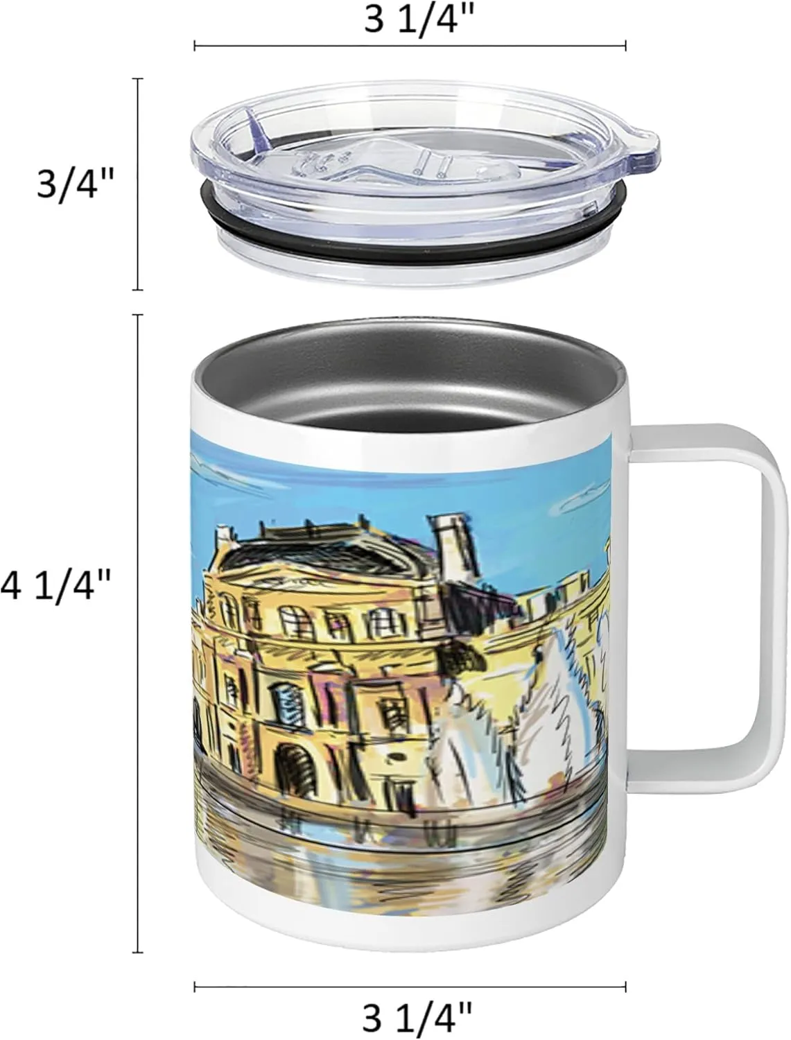 Lunarable Sketchy 10 Oz Steel Mug, Museum Themed Paris Watercolor Modern French Place Pop Art Style Day Time Image, Vacuum Insulated Leak-resistant Cup for Outdoor Hiking and Picnics, Cream and Blue