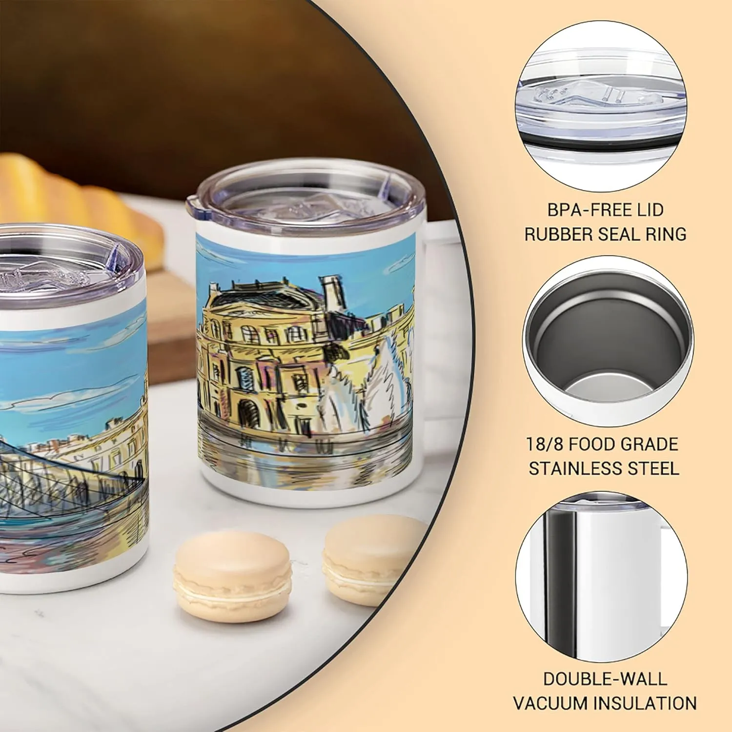 Lunarable Sketchy 10 Oz Steel Mug, Museum Themed Paris Watercolor Modern French Place Pop Art Style Day Time Image, Vacuum Insulated Leak-resistant Cup for Outdoor Hiking and Picnics, Cream and Blue