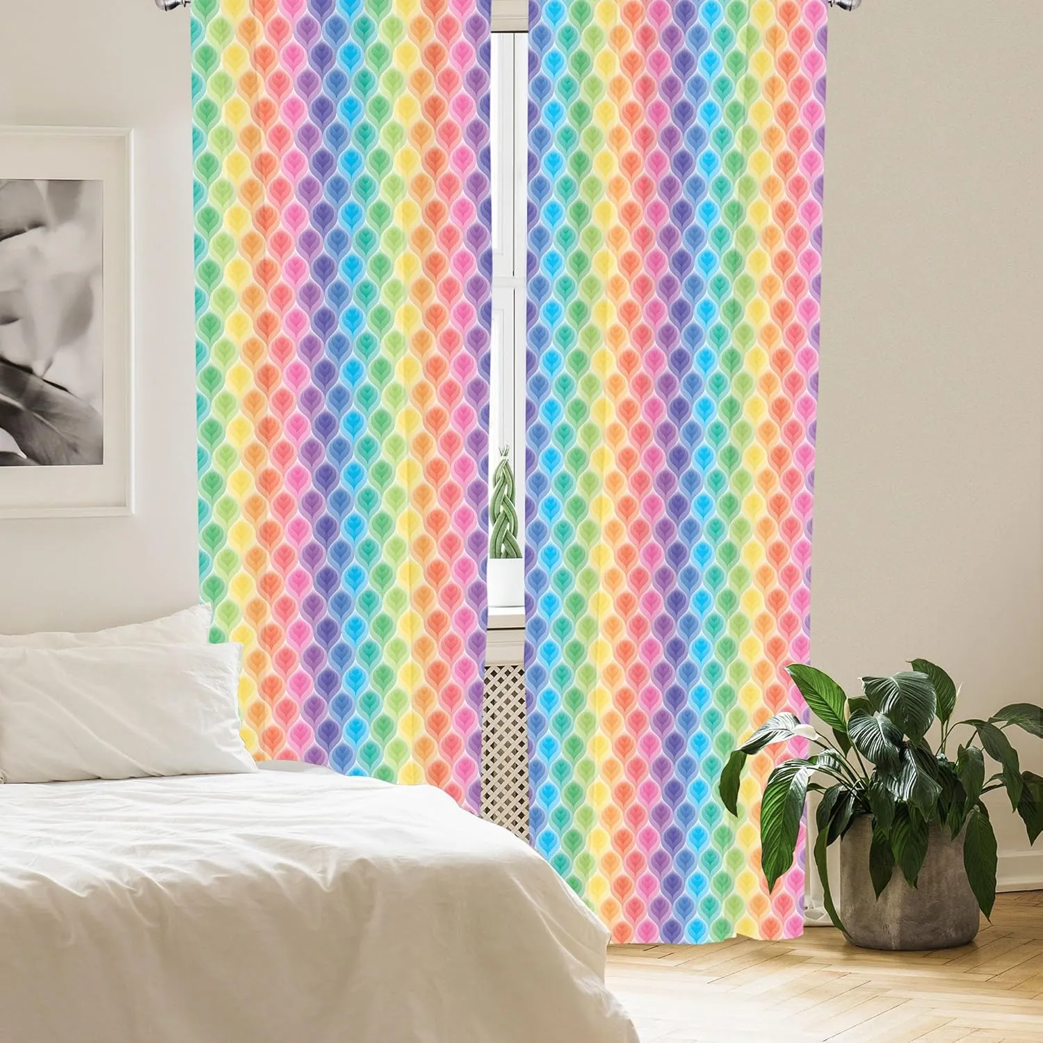 Lunarable Trippy Curtains, Rainbow Colors Abstract Gradient Toned Leaf Pattern Digital Soft Pastel Design Print, Window Treatments 2 Panel Set for Living Room Bedroom, Pair of - 28" x 63", Blue Yellow