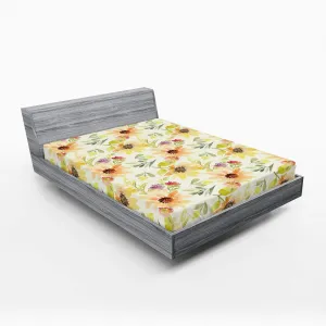 Lunarable Watercolor Flower Fitted Sheet, Pastel Colored Summer Sunflowers with Pale Leaves Nature Style, Bed Cover with All-Round Elastic Deep Pocket for Comfort, Queen Size, Orange Cream Green