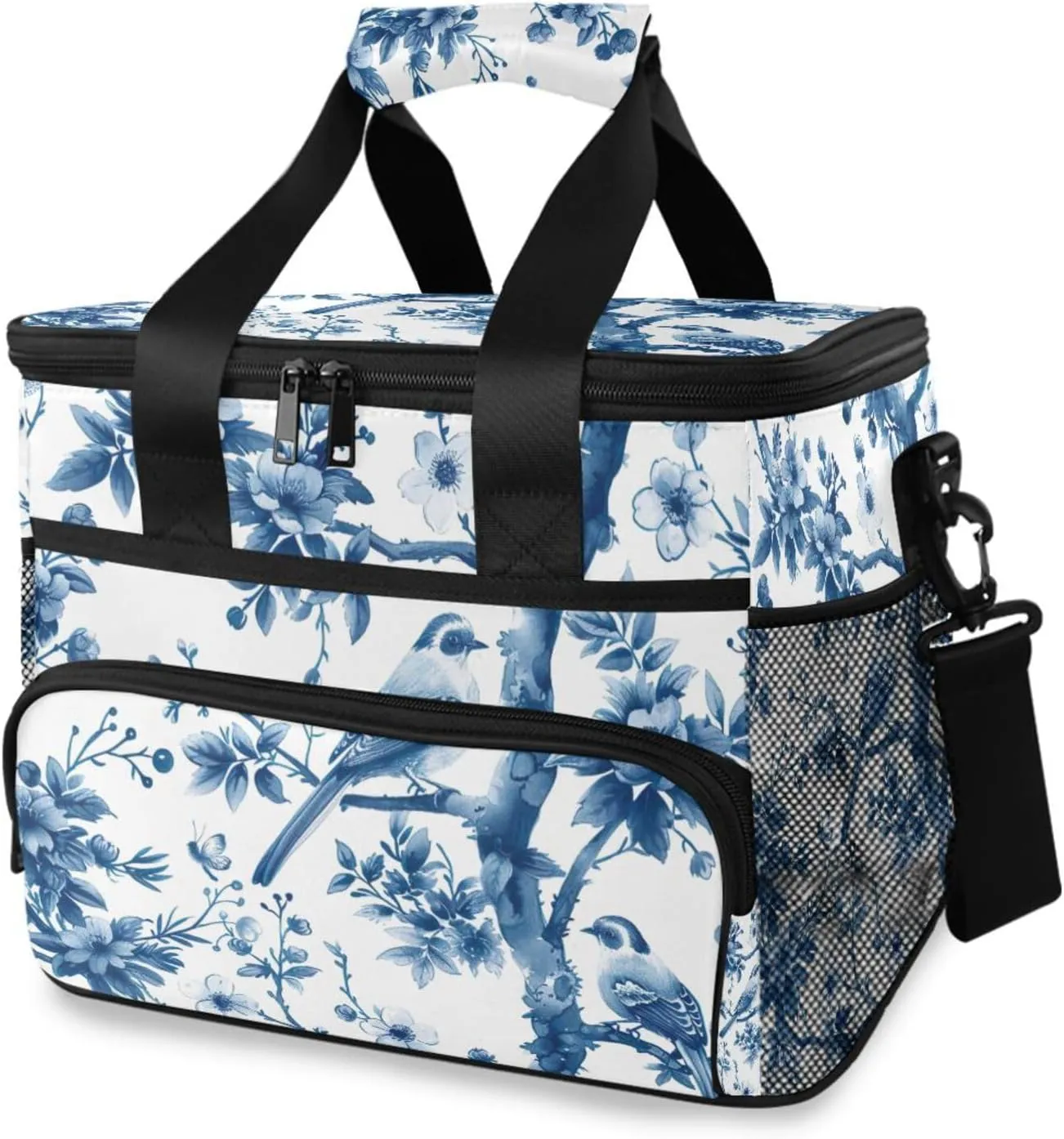 Lunch Bag Blue White Porcelain Pattern Insulated Cooler Bag Reusable Lunch Box with Shoulder Strap for Picnic Hiking Camping Work