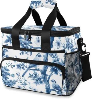 Lunch Bag Blue White Porcelain Pattern Insulated Cooler Bag Reusable Lunch Box with Shoulder Strap for Picnic Hiking Camping Work