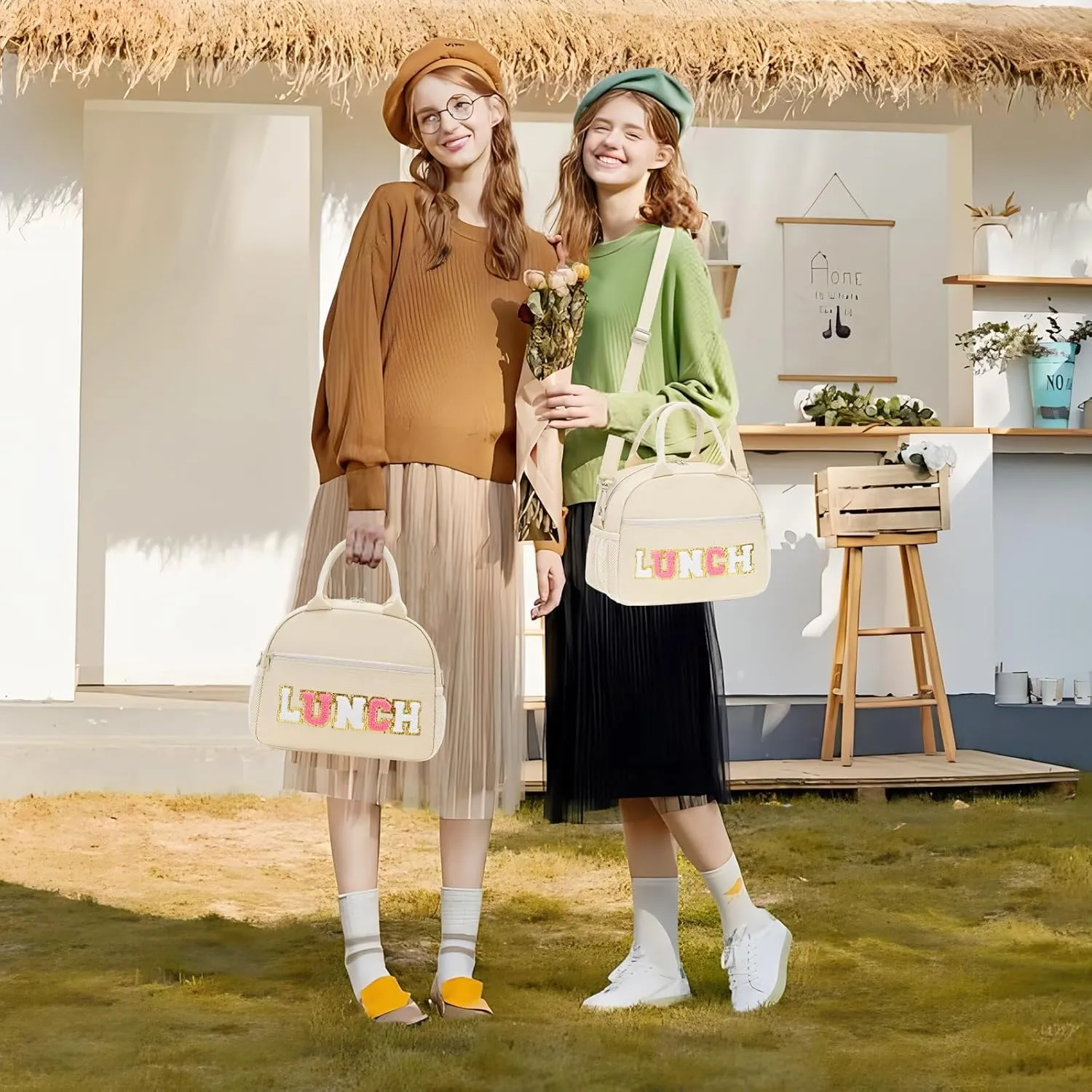 Lunch Bag For Women, Preppy Lunch Box For Girl, Large Insulated Lunch Bag With Adjustable Shoulder Strap, Reusable Lunch Tote Bag With Chenille Letter For Work School Picnic, Beige