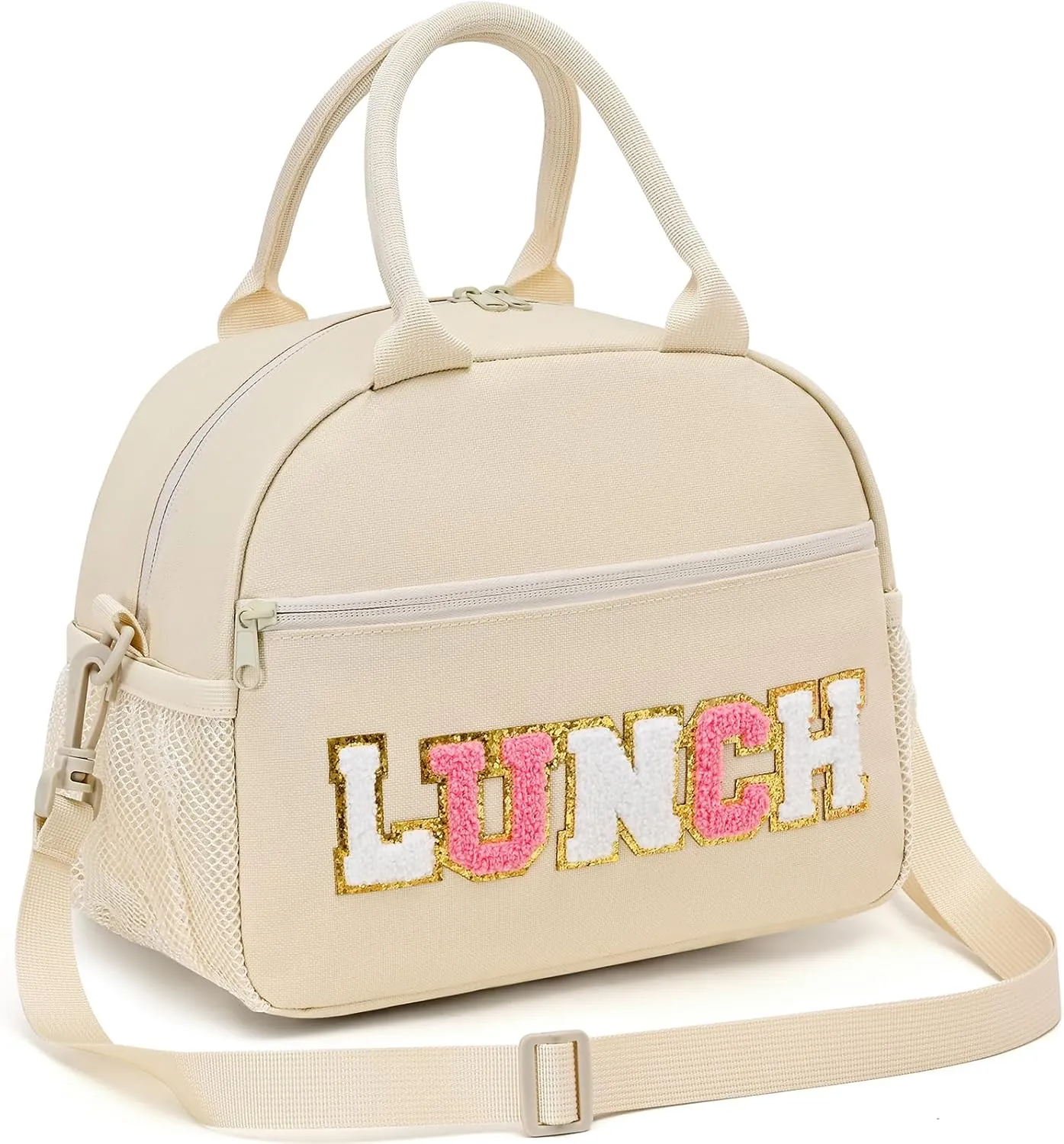 Lunch Bag For Women, Preppy Lunch Box For Girl, Large Insulated Lunch Bag With Adjustable Shoulder Strap, Reusable Lunch Tote Bag With Chenille Letter For Work School Picnic, Beige