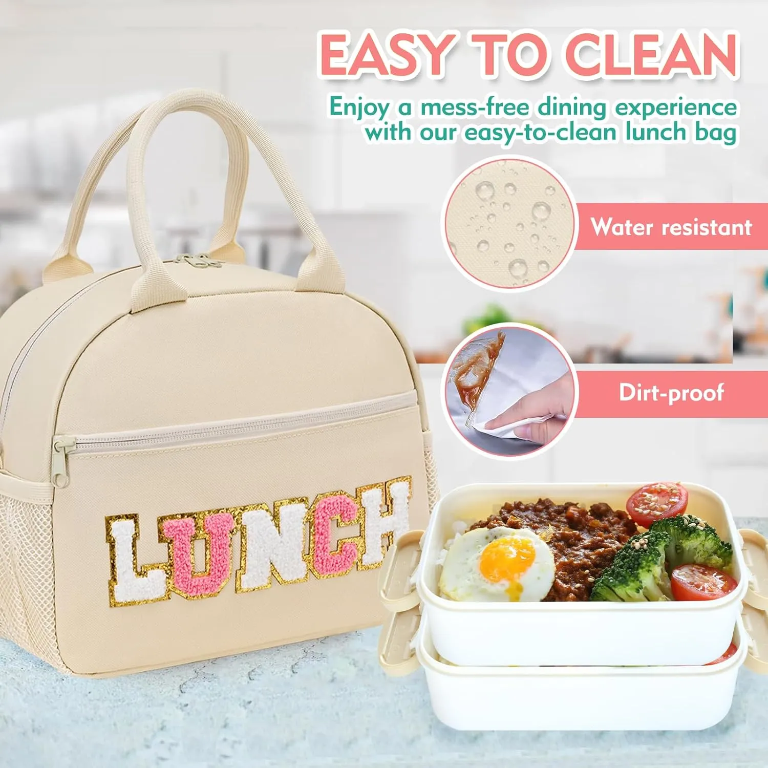 Lunch Bag For Women, Preppy Lunch Box For Girl, Large Insulated Lunch Bag With Adjustable Shoulder Strap, Reusable Lunch Tote Bag With Chenille Letter For Work School Picnic, Beige