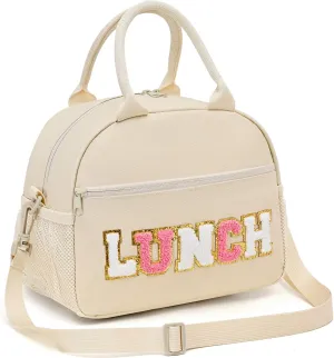 Lunch Bag For Women, Preppy Lunch Box For Girl, Large Insulated Lunch Bag With Adjustable Shoulder Strap, Reusable Lunch Tote Bag With Chenille Letter For Work School Picnic, Beige