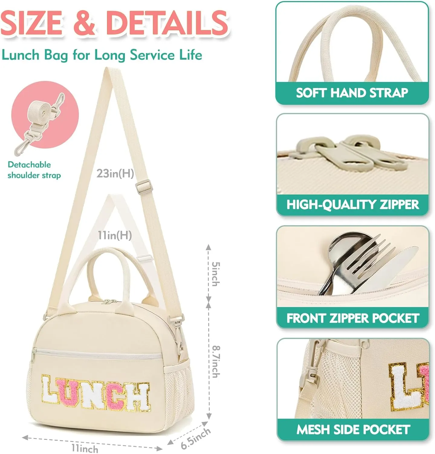 Lunch Bag For Women, Preppy Lunch Box For Girl, Large Insulated Lunch Bag With Adjustable Shoulder Strap, Reusable Lunch Tote Bag With Chenille Letter For Work School Picnic, Beige