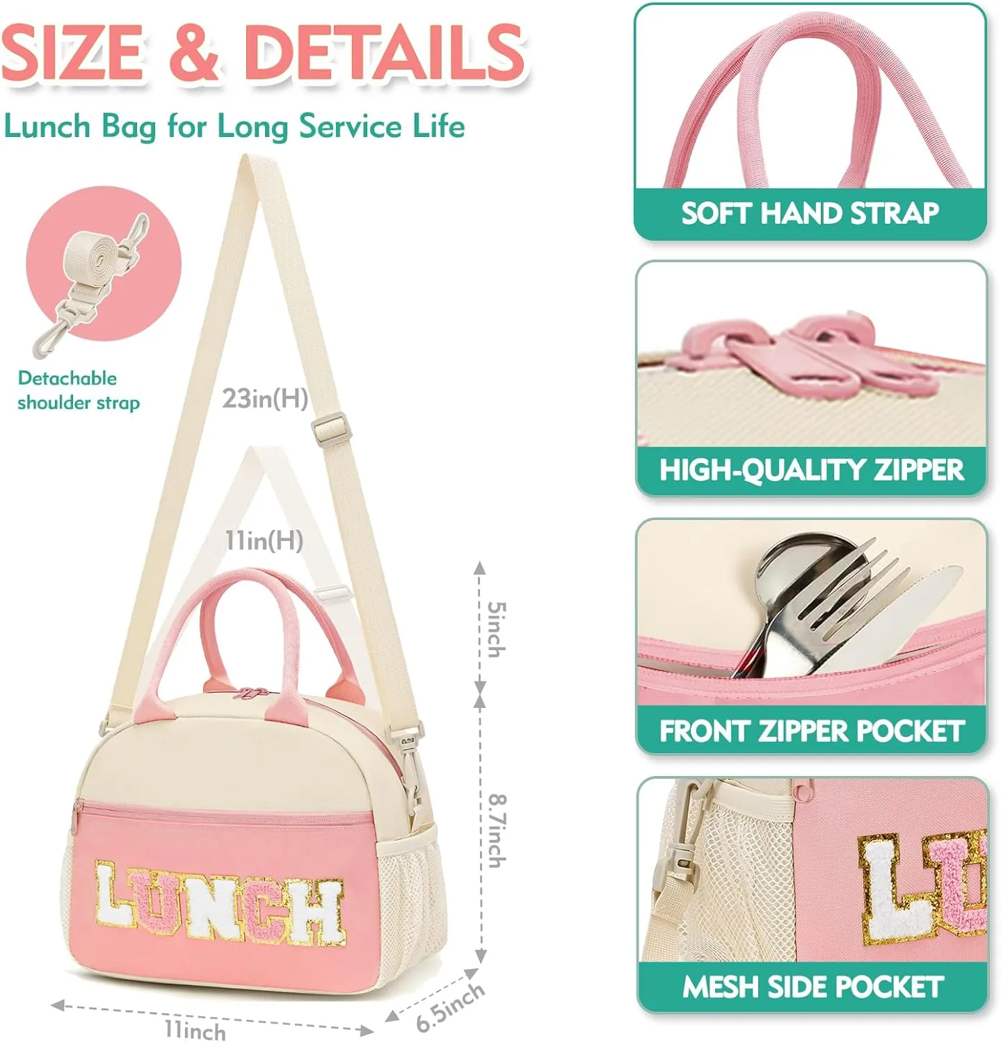 Lunch Bag For Women, Preppy Lunch Box For Girl, Large Insulated Lunch Bag With Adjustable Shoulder Strap, Reusable Lunch Tote Bag With Chenille Letter For Work School Picnic, Light Pink