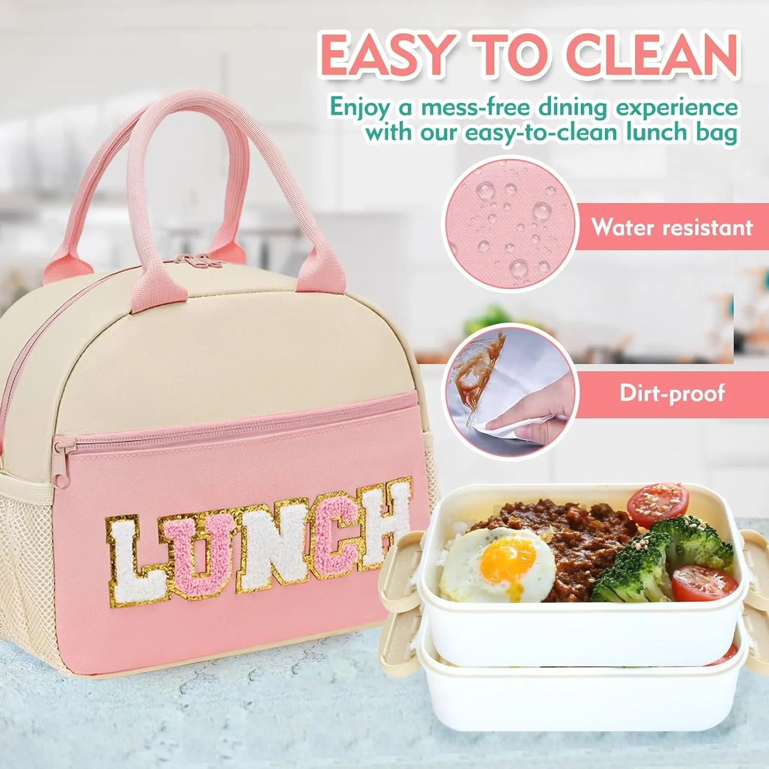 Lunch Bag For Women, Preppy Lunch Box For Girl, Large Insulated Lunch Bag With Adjustable Shoulder Strap, Reusable Lunch Tote Bag With Chenille Letter For Work School Picnic, Light Pink