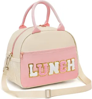 Lunch Bag For Women, Preppy Lunch Box For Girl, Large Insulated Lunch Bag With Adjustable Shoulder Strap, Reusable Lunch Tote Bag With Chenille Letter For Work School Picnic, Light Pink