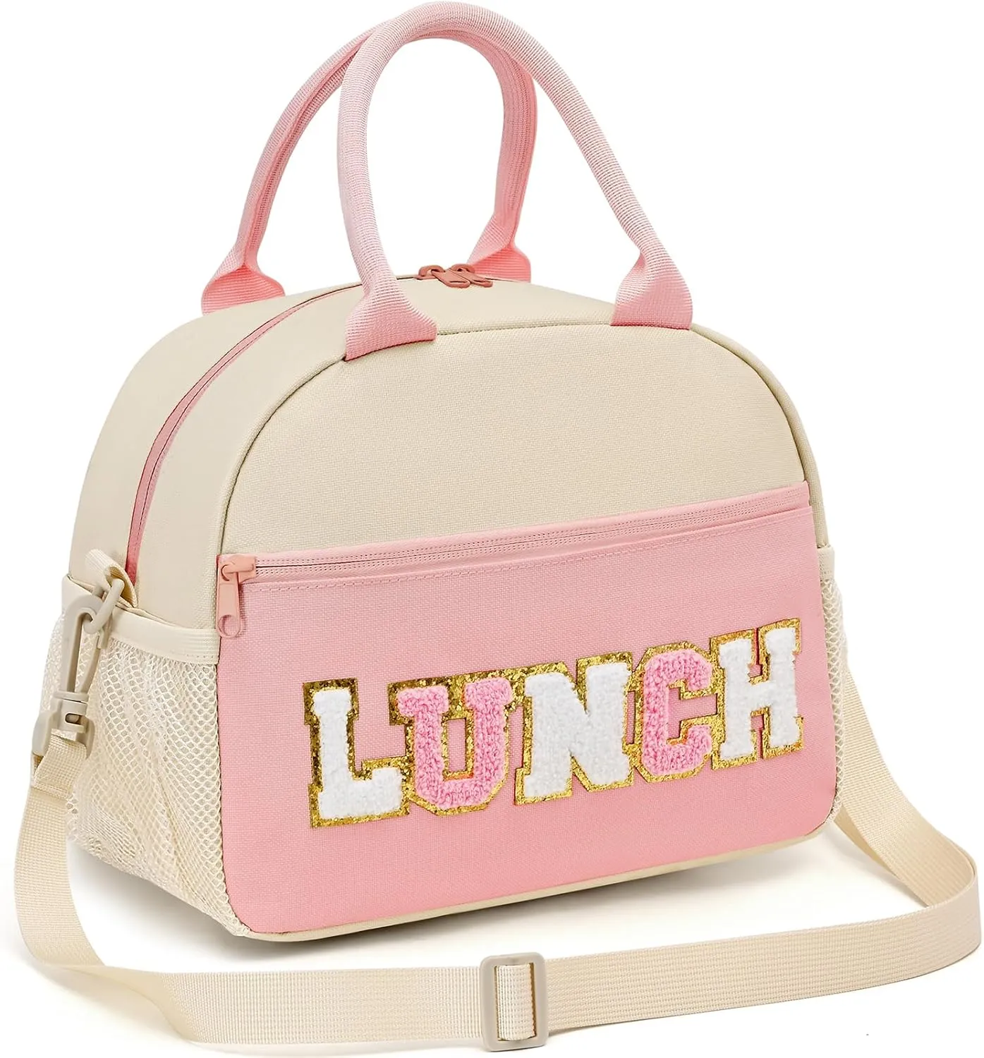 Lunch Bag For Women, Preppy Lunch Box For Girl, Large Insulated Lunch Bag With Adjustable Shoulder Strap, Reusable Lunch Tote Bag With Chenille Letter For Work School Picnic, Light Pink