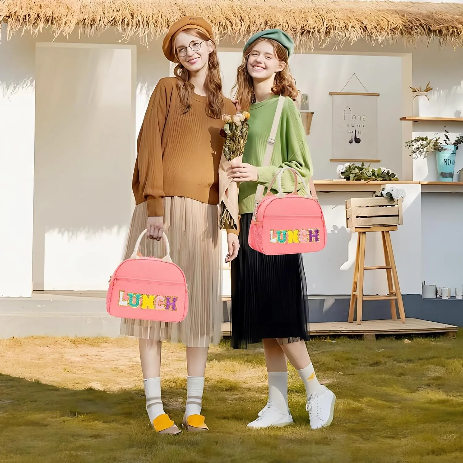 Lunch Bag For Women, Preppy Lunch Box For Girl, Large Insulated Lunch Bag With Adjustable Shoulder Strap, Reusable Lunch Tote Bag With Chenille Letter For Work School Picnic, Pink