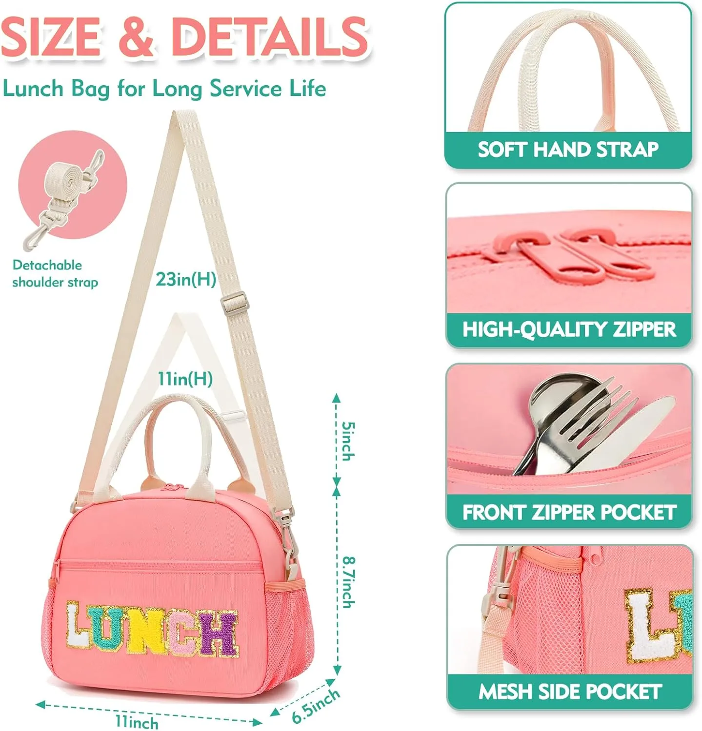 Lunch Bag For Women, Preppy Lunch Box For Girl, Large Insulated Lunch Bag With Adjustable Shoulder Strap, Reusable Lunch Tote Bag With Chenille Letter For Work School Picnic, Pink