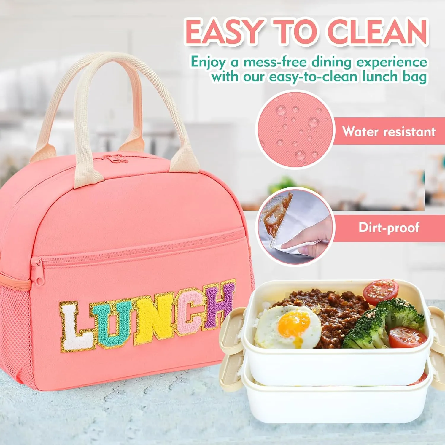Lunch Bag For Women, Preppy Lunch Box For Girl, Large Insulated Lunch Bag With Adjustable Shoulder Strap, Reusable Lunch Tote Bag With Chenille Letter For Work School Picnic, Pink