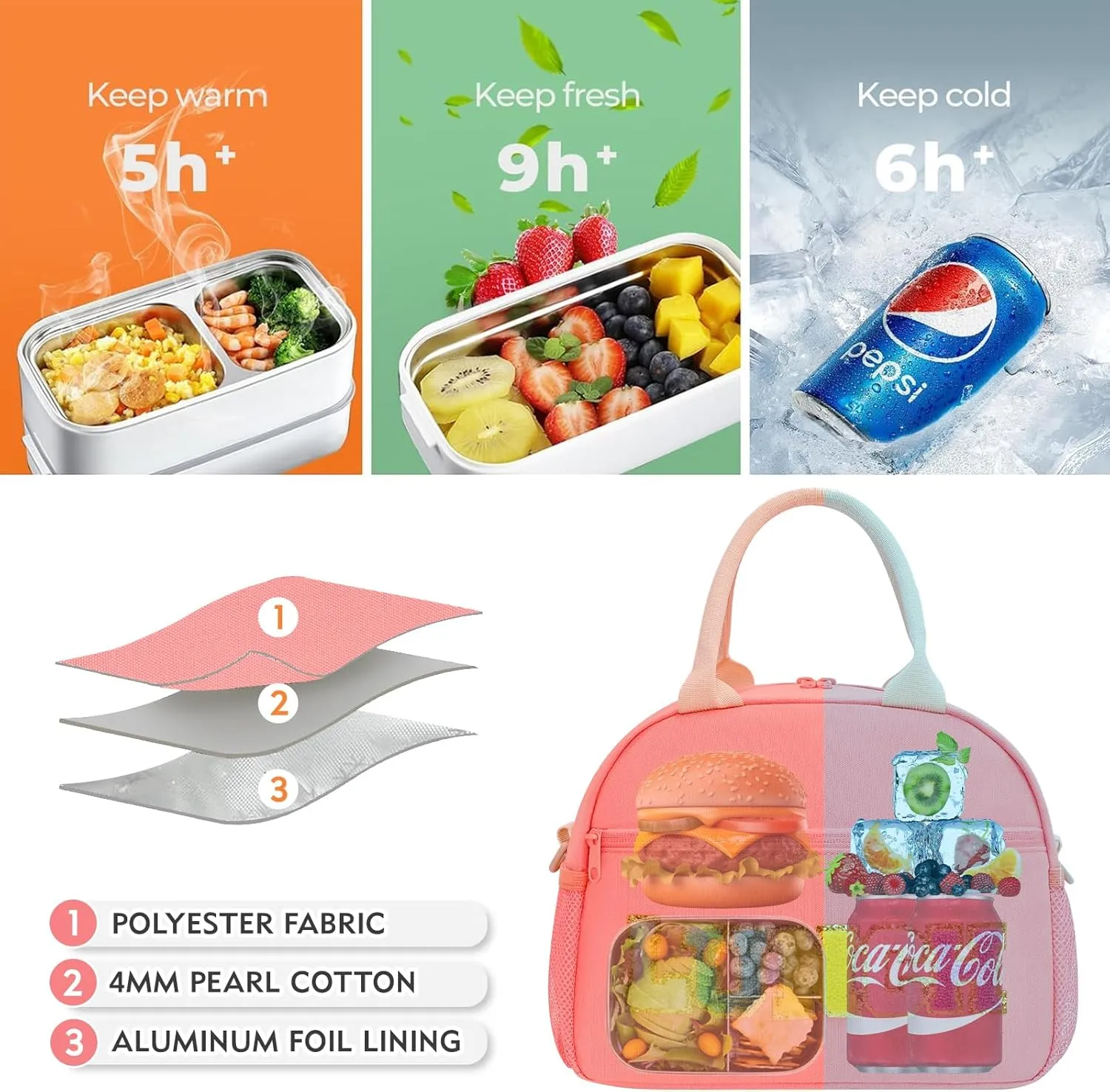 Lunch Bag For Women, Preppy Lunch Box For Girl, Large Insulated Lunch Bag With Adjustable Shoulder Strap, Reusable Lunch Tote Bag With Chenille Letter For Work School Picnic, Pink