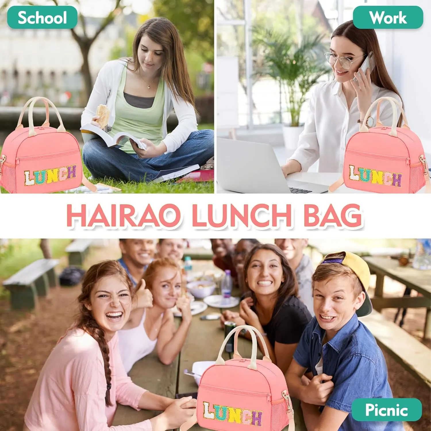 Lunch Bag For Women, Preppy Lunch Box For Girl, Large Insulated Lunch Bag With Adjustable Shoulder Strap, Reusable Lunch Tote Bag With Chenille Letter For Work School Picnic, Pink