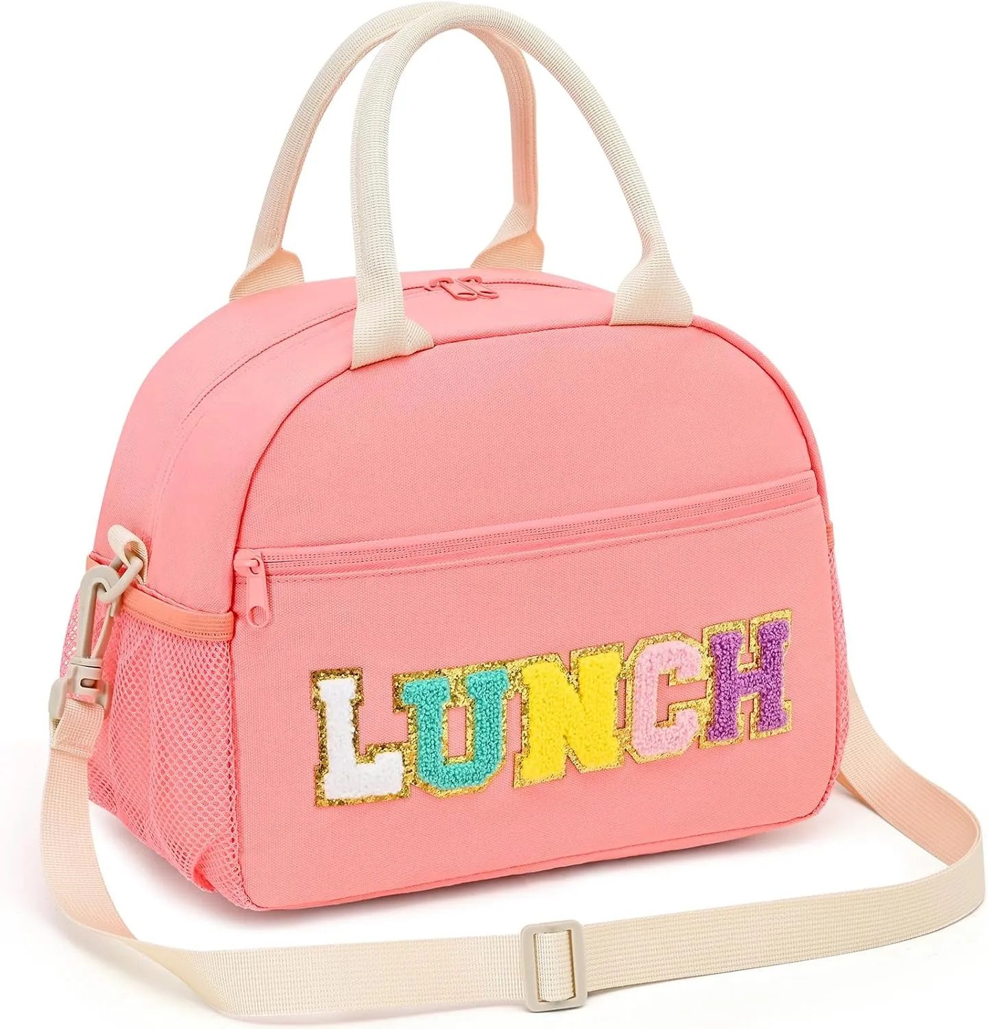 Lunch Bag For Women, Preppy Lunch Box For Girl, Large Insulated Lunch Bag With Adjustable Shoulder Strap, Reusable Lunch Tote Bag With Chenille Letter For Work School Picnic, Pink
