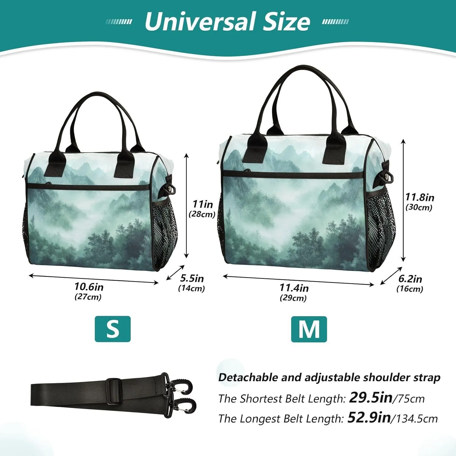 Lunch Bag Insulated Reusable Smoky Green Mountains Lunch Box,Leakproof Insulated Cooler with Adjustable Shoulder Strap for Women Men
