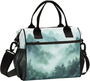 Lunch Bag Insulated Reusable Smoky Green Mountains Lunch Box,Leakproof Insulated Cooler with Adjustable Shoulder Strap for Women Men