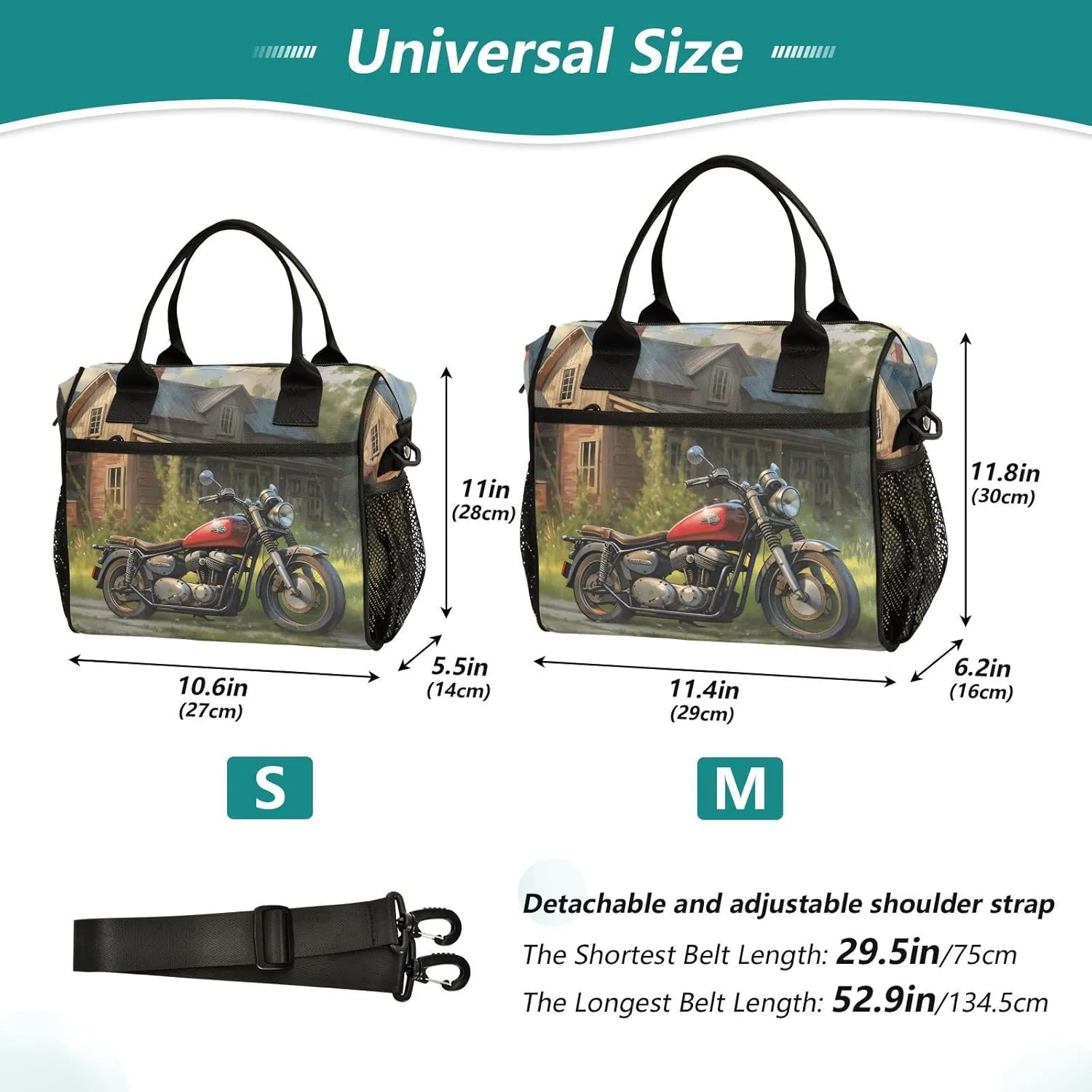 Lunch Bag Motorcycle Hut Print, Insulated Leakproof Lunch Box, High Capacity with Adjustable Strap