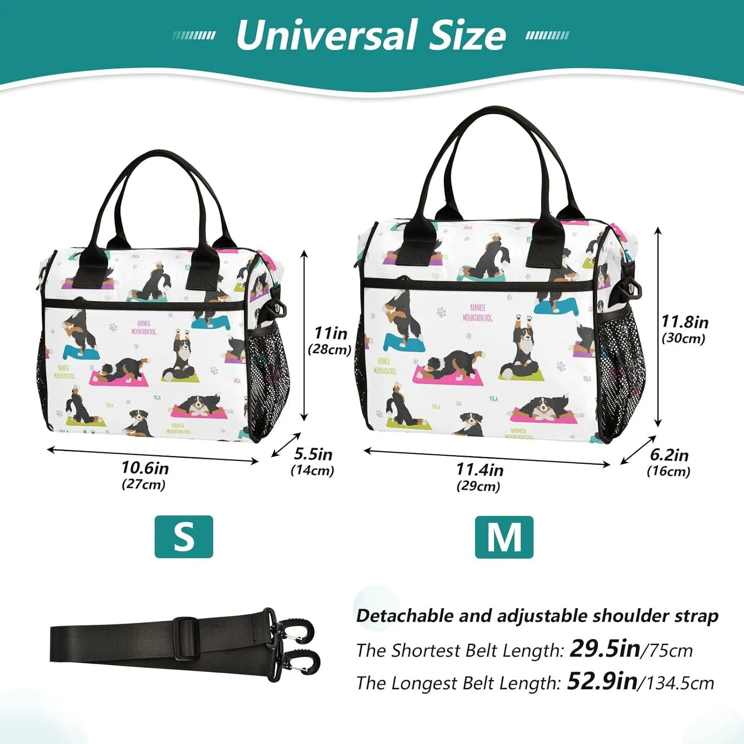 Lunch Bag with Shoulder Strap for Women Men Yoga Dogs Poses and Exercises Insulated Lunch Box Travel Tote Bags Meal Prep Organizer for School Office Picnic M