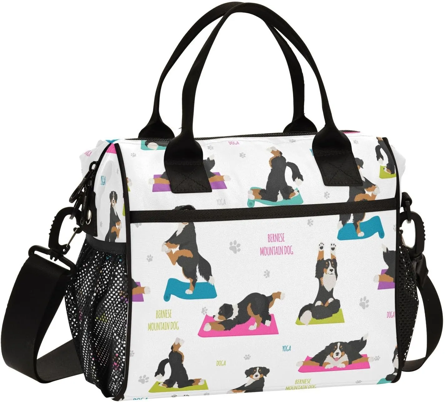 Lunch Bag with Shoulder Strap for Women Men Yoga Dogs Poses and Exercises Insulated Lunch Box Travel Tote Bags Meal Prep Organizer for School Office Picnic M