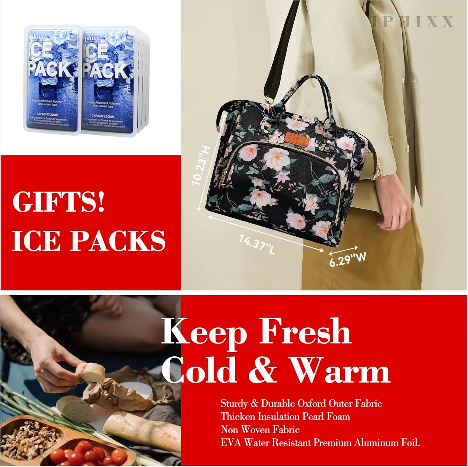 Lunch Bags for Women, Lunch Box for Women Insulated Lunch Bag, Leakproof Lunch Tote Bags for Work with Adjustable Strap Reusable Cooler Tote Bag for Picnic,Camping, 8 Ice Packs