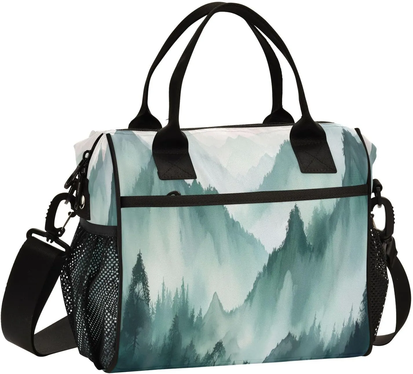 Lunch Bags Smoky Green Mountains Insulated Reusable Lunch Box Large Leakproof Adult Lunch Cooler Bag with Adjustable Shoulder Strap for Picnic, Work, Camping,Medium
